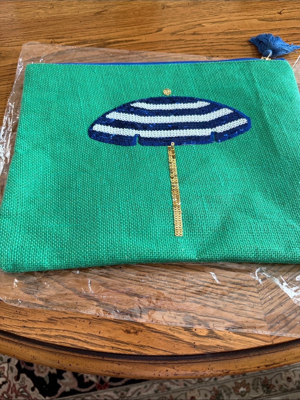 MudpieMayaBayDazzleClutchVibrantGreenJute BurlapSparklingSequinUmbrellaZipperNEW